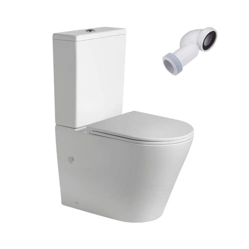 Wc Inodoro Completo Redondo Blanco Mate | Inodoro Tanque Bajo con Cisterna y Asiento Extrafino de color Blanco Mate | Wc de Diseño Moderno Adosado a Pared con Salida Dual y Sistema Rimless