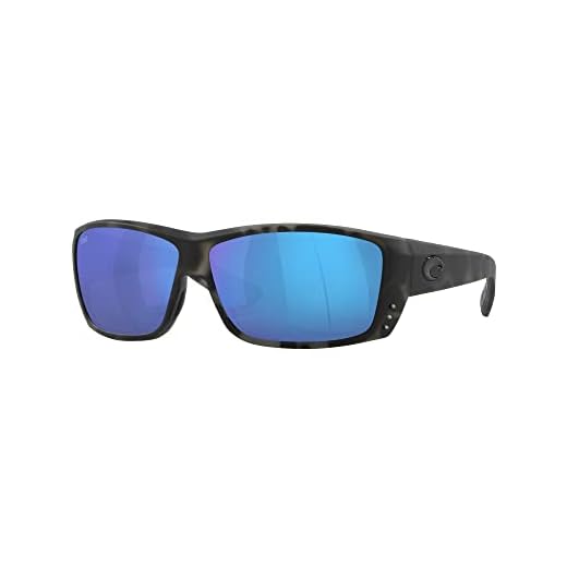 Costa Del Mar Men's Cat Cay Polarized Rectangular Sunglasses, Ocearch Shiny Tiger Shark/Grey Blue Mirrored Polarized-580G, 61 mm