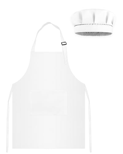 TOPWAYS Kids Apron and Chef Hat Set White, Adjustable Children Chef Apron Outfit Costume, Kitchen Apron for Baking Cooking Painting, Artist Apron with Two Pockets L for Kids 7 8 9 10 11 12 13 Years