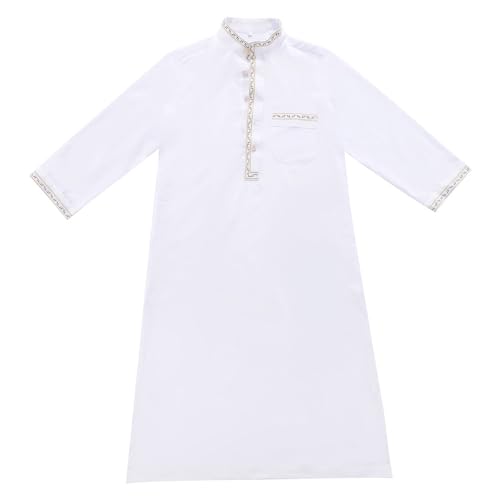 Muslim Thobe for Kids Boys Islamic Button Stand-Up Collar Arabic Robe Long Sleeve Embroidered Kaftan Prayer Dress