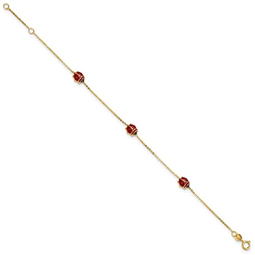 14K Yellow Gold Polished Enameled Ladybugs with .75" ext. Chain Bracelet 6.5"2