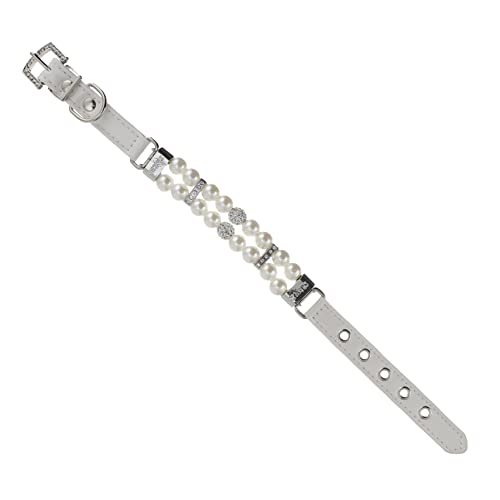 DECHOUS Adjustable PU Leather Dog Collar with Pearl Decoration and Leash Soft Durable Pet Jewelry Necklace for Puppy and Cat Comfortable Fashion Accessory for Walks and Parties White