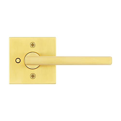 Image of Kwikset Halifax Interior Privacy Door Handle with Lock, Door Lever For Bathroom and Bedroom, Satin Brass Reversible Keyless Push Button Lock Door Lever, with Microban Protection, Square Rose