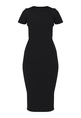 Image of Women's Crew Neck Short Sleeve Slim Fit Ribbed T Shirt Casual Midi Bodycon Dress
