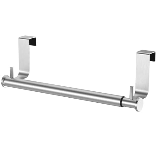 VEHHE Stainless Steel Expandable Towel Rack for Under Cabinet Adjustable Over the Door Towel Rack with Hanging Hooks for Kitchen Cabinet Bathroom Sponge Hand Towel Storage Rust Proof Organizer
