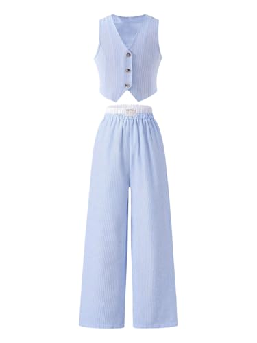 Image of Floerns Girl's 2 Piece Outfits Elegant Striped Sleeveless Suit Vest & Long Elastic Casual Pants Set