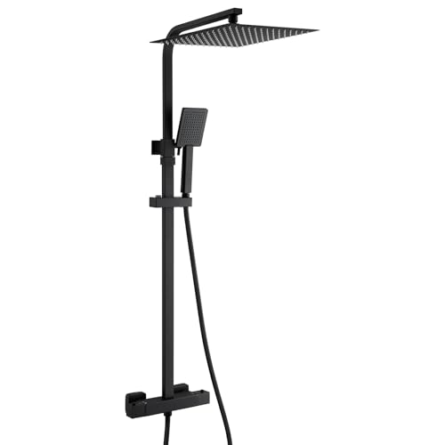 Auralum Columna Ducha Negra con Rociador Ducha 30x30cm Cuadrado Acero Inoxidable 304 y Grifo Ducha Termostatico de Latón, Columna Altura Adjustable entre 80 124cm, Compatible con Orificios Existentes