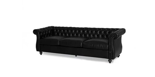 Image of Modern and Stylish 3 Seater Chesterfield Luxury Sofa with Valvet and Fabric Comfortable Sofa for Living Room, Dining Room, Hallway, and Office-(Black).