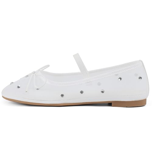 Mesh Ballet Flats for Women Crystal Rhinestone Mary Jane Shoes Comfortable Round Toe Ballerina Flats with Stretch Strap Trendy