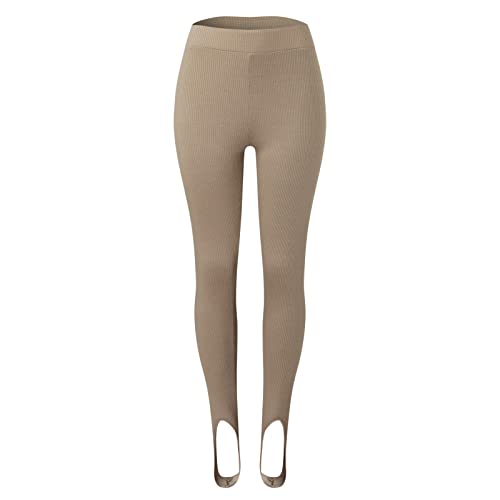 Pantalones de yoga para mujer, color sólido, tira de cintura alta, apretados y delgados, pantalones de yoga, ejercicio atlético, correr, fitness medias, Color liso caqui, 38