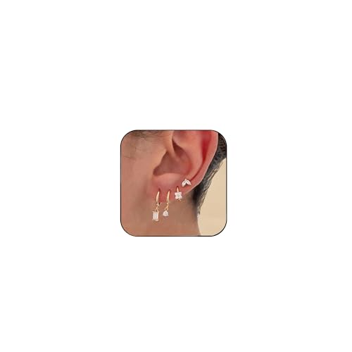 Image of Gold Plated Earrings for Women, 14k Gold Plated Earring Stack Hypoallergenic Pearl Drop Earring Dainty Earrings for Women Trendy Cute Small Huggie Hoop Earring Fashion Womens Jewelry