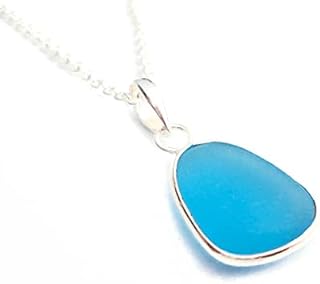 Handmade Aqua Wire Wrapped Sea Glass Necklace-Sterling Silver Wire Wrapp...