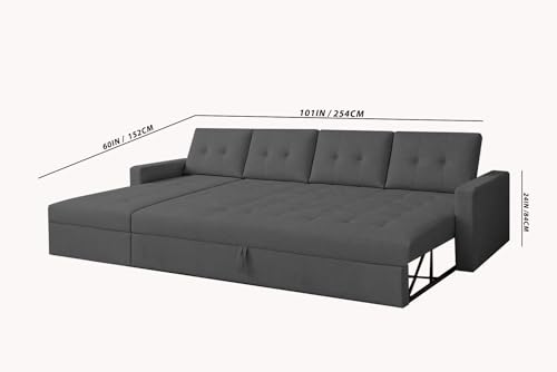 Image of Emilio 6 Seater LHS L - Shape Pull-Out Sofa Cum Bed Sofa for Living Room (Black Fabric Color) Premium Fabric Sofa Set for Living Room Sofa Cum Bed