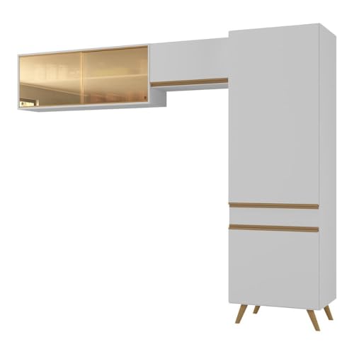 Armário Cozinha Modulada Compacta com Vidros 252cm 3 Peças Veneza Multimóveis MP2300 Branco/Dourado