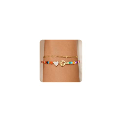 Image of Eaciy Colorful Initial Bracelets for Women Girls - 14K Gold Plated Heart Initial Letter Daint A-Z Charm Bracelet Summer Jewelry Teen Girl Gifts for Teen Kids