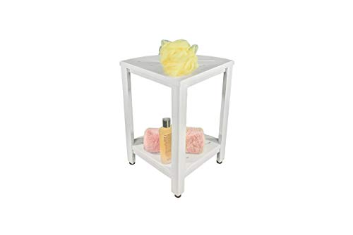 Coastalvogue Teak Corner Shower Bench 18" Tall 2-Tier Snazzy Corner Shower Stool With Shelf Wood Corner Bench In Antique White Finish #TOP7