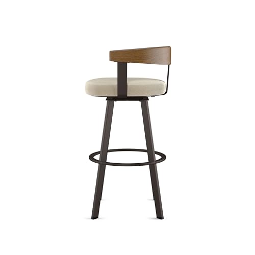 Image of Amisco Lars 26 inch Swivel Counter Height Barstool, Upholstered Stool with Solid Wood Back and Arms for Kitchen Island or Bar, Drees Stool, Cream Boucle Polyester /Light Brown Wood /Dark Brown Metal