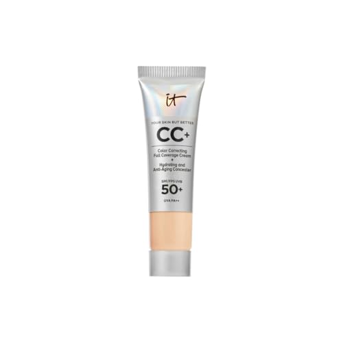 IT Cosmetics CC+ Crème, Fond de Teint Haute Couvrance SPF 50, Correcteur de Teint & Sérum Anti-Âge, Enrichi en Niacinamide & Acide Hyaluronique, Fini Naturel, Tous Types de Peau, 12 ml, Light Medium