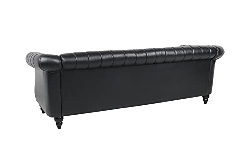 Homsof 84" Rolled Arm Chesterfield 3 Seater Sofa Mid Century Modern Striped Leather Couch For Small Spaces, Black Pu #TOP4