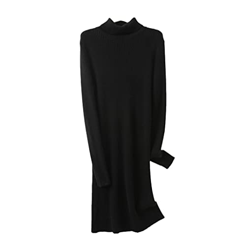 Robe midi en laine tricotée femme col roulé manches longues vêtements hiver noir M