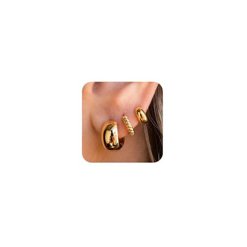 Image of Freekiss 3 Pairs Gold Hoop Earrings Set: Dainty Stud Earrings Trendy Small 14K Gold Plated Hypoallergenic Dangle Cartilage Huggie Hoop Earrings for Women Gold Jewelry for Women Gifts
