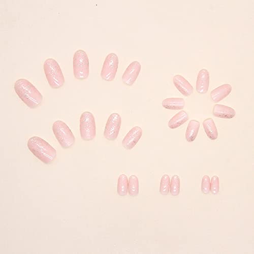 MISUD Press on Nails - Short Oval Fake Nails with Bling Glitter, Acrylic Pink Design 24 pcs