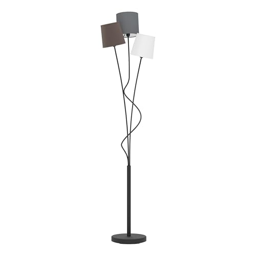 EGLO Lámpara de pie MARONDA, lámpara de pie con 3 bombillas, lámpara de pie de acero y tela, color negro antracita, blanco, marrón, casquillo E14, interruptor de pie incluido