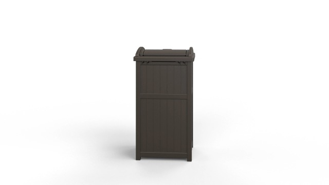 Suncast 33 Gallon Commercial Outdoor Trashcan Hideaway with Lid for 30 to 33 Gallon Trash Bags for Garage, Backyard, or Garden, Brown