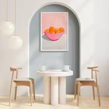 Cuadro decorativo de naranjas alegres en un cuenco rosa. Ideal para cocinas, comedores o cualquier otro espacio (80 x 120 cm/sin marco).