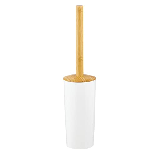 mDesign brosse toilette élégante en plastique et bambou avec support - balai WC étroit élégant - brosse toilette et porte-balai WC pour salle de bain et toilettes des invités - blanc/couleur naturelle Cover