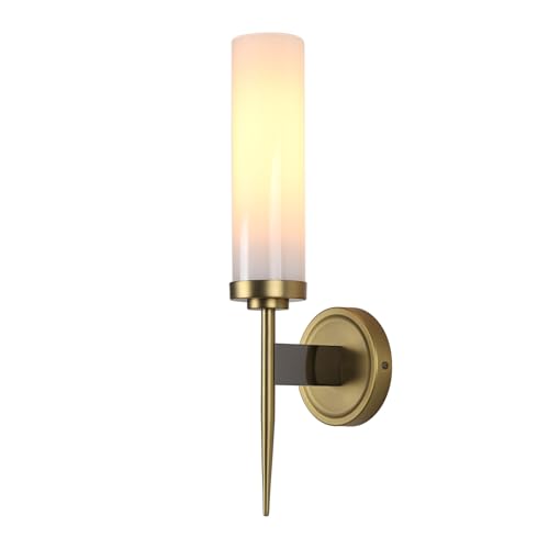Image of PERMO Vintage Wall Sconce Gold Sconces with 2.8 inch Cylindrical White Glass Shade Hardwired Sconces for Bathroom Living Room Entryway Home Office