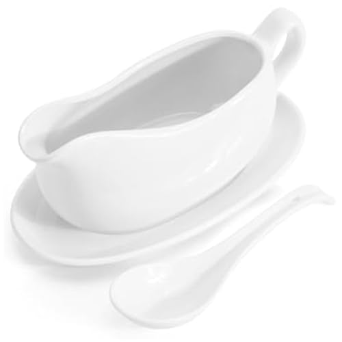 Saucière avec soucoupe Ensemble de saucière en céramique de 200 ml avec cuillère profondeur et plateau, bec verseur anti-goutte, ustensiles service pour sauces, vinaigrettes, Thanksgiving, H..