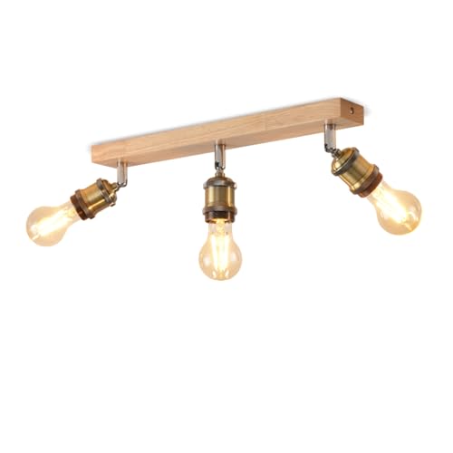 LVWIT Faretti LED da Soffitto Orientabili Retrò, Faretto da Interno con 3 Lampadine LED E27, Base di Legno, Faretti Soffitto Retrò per Barra, Salotto,Cameretta, Cucina (Lampadine Escluse)