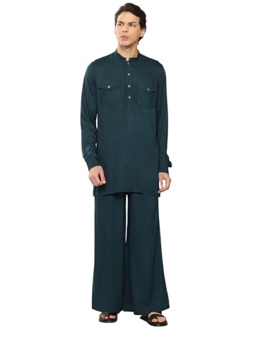 Image of See Designs Men's Long Sleeve Curved Hem Mandarin Collar Rayon Solid Pathani Sets