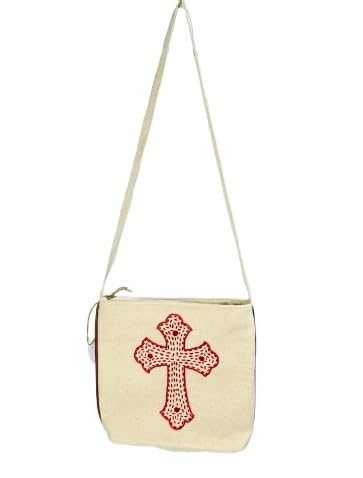 Canvas Crossbody Bag with Embroidered Red Cross Design, Cream Colour, Adjustable Strap