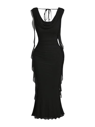 Image of GORGLITTER Women's Mesh Bodycon Fishtail Dress Ruched Sleeveless Ruffle Cowl Neck Summer Graduation Midi Sun Dresses
