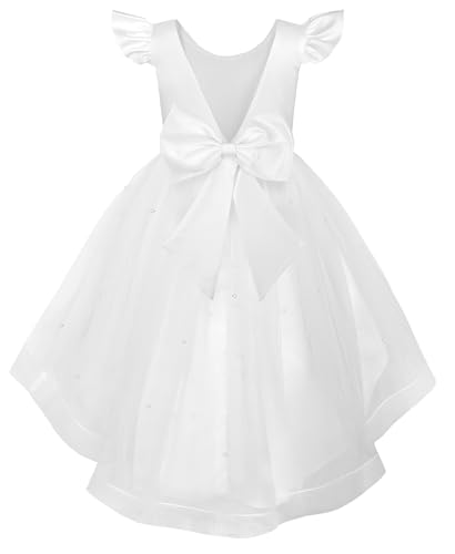 Vestido de satén asimétrico para niñas de fiesta con tul perlado JerrisApparel
