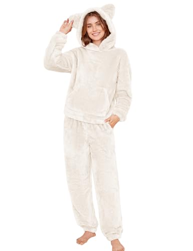COZYPOIN Women's Fuzzy Pajamas Sets Hooded Bear Ear Fluffy Fleece Loungewear Sleep Pullover Top...