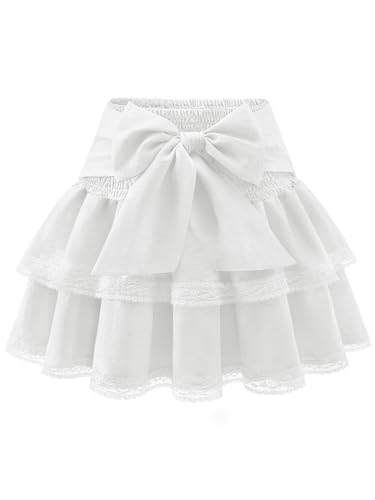 Timormode Women's Girls Bow Mini Skirt Flowy High Waisted Ruffle Lace Hem Short Skirts Cute Boho Lightweight Layered Skater Skirt Perfect for Summer TMS8005LS White S