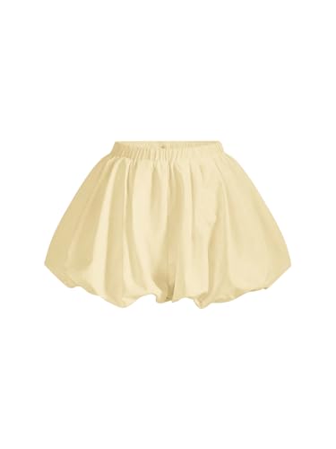 BEAUDRM Women's Y2K Bubble Shorts Elastic High Waist Ruffle Shorts Summer Fashion Wide Leg Bloomers Apricot Medium