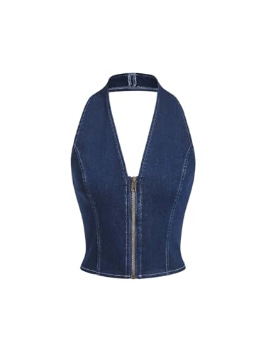 Floerns Women's Y2k Denim Halter Tops Backless Sleeveless Zipper Club