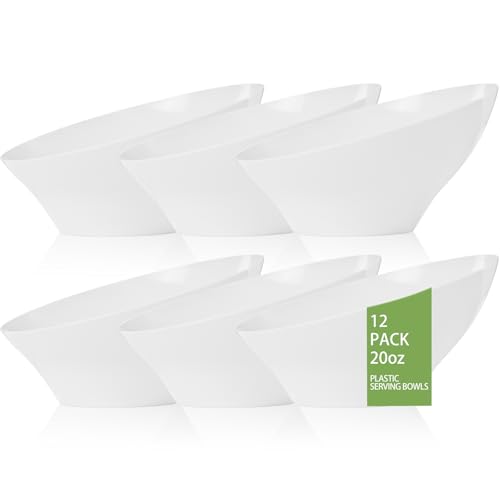 bUCLA Paquete de 12 cuencos de plástico blanco para servir – 20 onzas en ángulo para mesa de fiesta, ensalada y frutas, cuencos desechables para patatas fritas y dulces, ideal para bodas