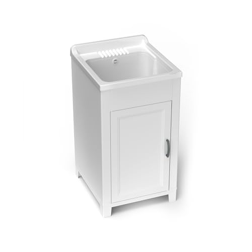 Avilia Lavatoio ad Anta Singola - Lavandino per Lavaggio Capi a Mano, con Kit Sifoni, per Uso Interno ed Esterno, in Resina, 45x50x85cm, Bianco