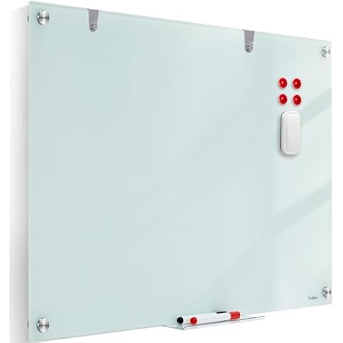 Glass Whiteboard Dry Erase Board - TANKEE Magnetic Glass White Board 36 x 24 Inches, Modern Large Frameless Tempered Glass Board for Wall, Office, Home, Shops Decor, with Marker Tray, 3' x 2' Cover