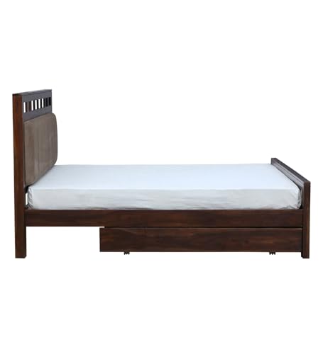 Image of EXCEL HOME Solid Sheesham Wood Queen Size Bed with Drawer Storage | Wooden Double Bed with Drawer Box Storage & Upholstered Cushined Headboard for Bedroom | PT Color Finish