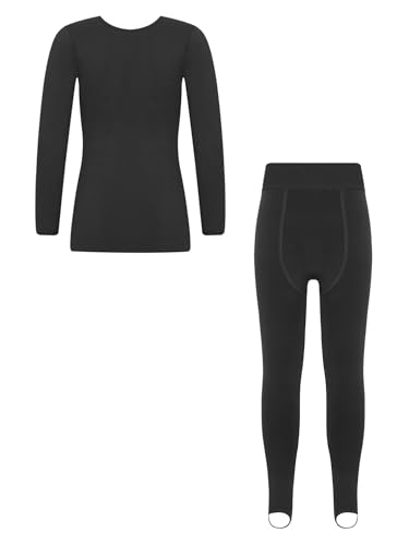 easyforever Kid Girl Thermal Underwear Set Dancewear Long Johns Tops With Leggings For Ballet Gymnastics Training Performance B Black 7-10 Years2