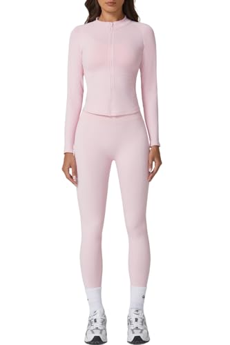 QINSEN Workout Set for Women Slim Fit Long Sleeve Athletic Tops High Waist Yoga Leggings Gym Sets Pink M