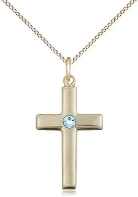 14kt Gold Filled Cross Pendant with a 3mm Faux Aqua Blue Green Austrian Crystal stone on a 18 inch Gold Filled Light Curb Chain.