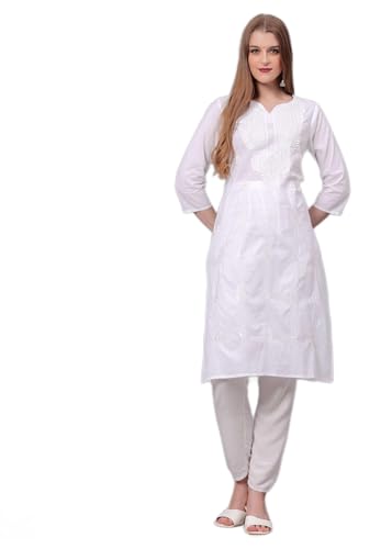JG JAI GOVINDAM Indian Hand Embroidered Kurti for Women Chikankari Straight Cotton Long Kurti's Tunic Kurta Dreses for Women