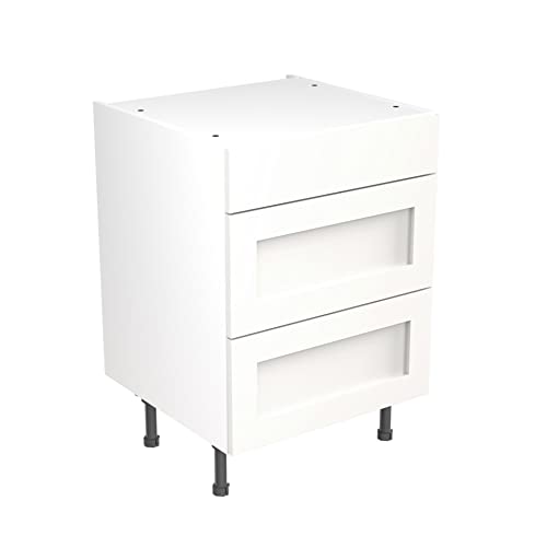 Kitchen Kit Flatpack Base Cabinet - Shaker Door - Screwless Quick Build Kitchen Unit - Base Unit - 3 Drawer - 600x870mm - White Matt